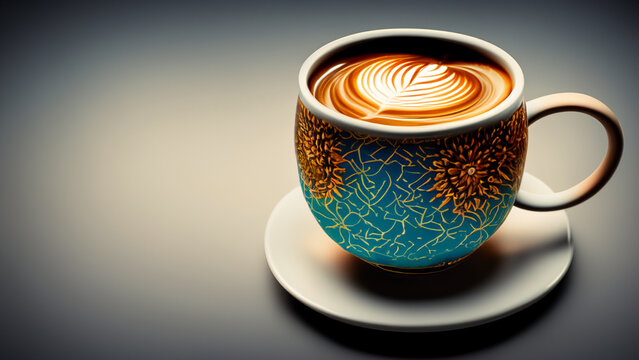 右に置かれた白いソーサーとラテアートが浮いた青と金の模様が入ったコーヒーカップ　AI生成画像