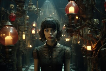 Obraz premium Cinematic scene with a young woman in a curios shop.