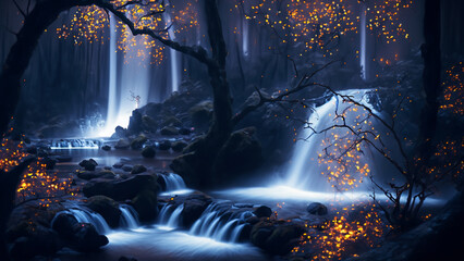 蛍のオレンジ色の光が照らす夜の神秘的な森と滝　AI生成画像 - obrazy, fototapety, plakaty