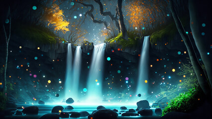 滝の水が青く光る夜の森、蛍のような光が飛び交うファンタジーの世界　AI生成画像