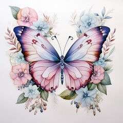 Watercolor painting of beautiful colorful butterflies and flowers..