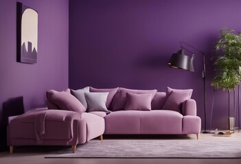 Corner vibrant fabric sofa near purple wall Interior design of modern living room