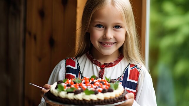 girl dressed in national clothes holding a cheesecake decorated with norwegian flags. traditional celebration of National day in Norway.

