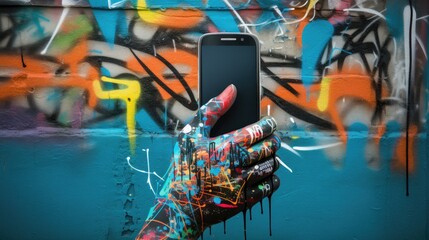 Graffiti of arm holding smart phone -
