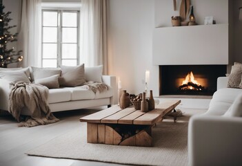 Fireplace against white sofa and rustic wooden coffee table Scandinavian style home interior design
