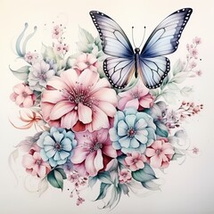 Watercolor painting of beautiful colorful butterflies and flowers..