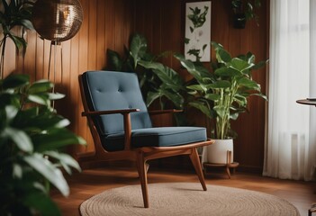 Lounge chair near wood paneling wall between potted houseplants Mid-century home interior design