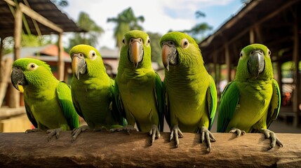 Green parrots in Amazon rainforest village.
