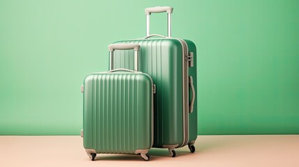 Green suitcase and carry case luggage on a green background.
