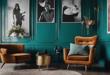 Lounge chairs and sofa against teal classic paneling wall with art posters Mid-century style home