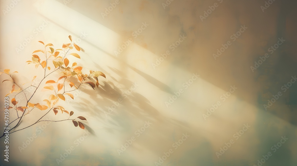 Poster painting of light reflection on wall with branch. watercolor pastel colors aesthetic minimalism back