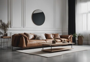 Minimalist style home interior design of modern living room Shabby leather sofa near white wall