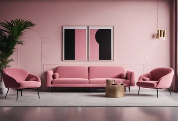 Pink sofa and chair near wall with two art poster mock up frames Postmodern memphis style interior 