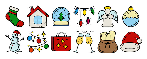 Set of 12 christmas icons. Decoration, decorate, xmas, snow, snowflake, santa, deer, new year, eve, december 25, winter, holiday atmosphere, celebrate, family celebration, traditions