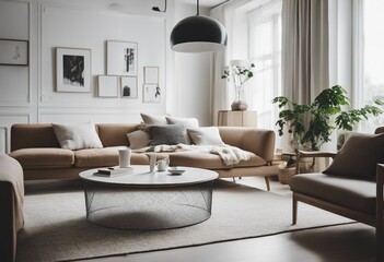 Scandinavian home interior design of modern living room White sofa and round coffee table against window
