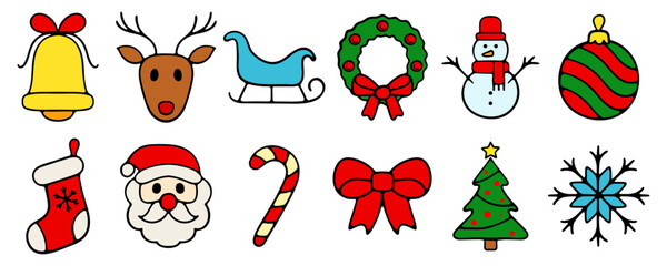 Set of 12 christmas icons. Decoration, decorate, xmas, snow, snowflake, santa, deer, new year, eve, december 25, winter, holiday atmosphere, celebrate, family celebration, traditions