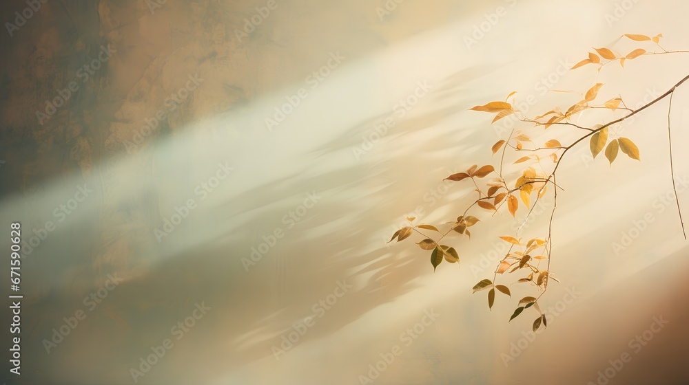 Poster painting of light reflection on wall with branch. watercolor pastel colors aesthetic minimalism back