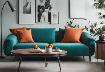 Teal curved sofa with orange pillows against white wall with poster Scandinavian style home interior