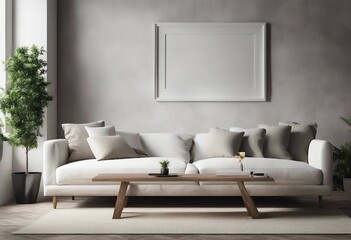 White sofa near stucco wall with empty mock-up poster frame Rustic interior design of modern living room