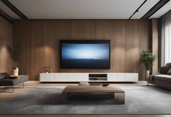 White sofa on concrete floor and big tv screen on wooden paneling wall above long cabinet Minimalist