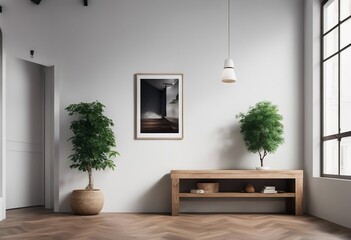 Wild stone cladding wall in bright hallway Wooden bench near white wall with big poster frame