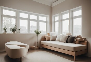 Beige corner daybed sofa against windows in room with high ceiling Minimalist home interior design 