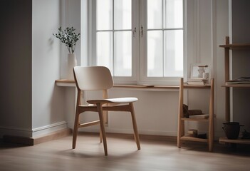 Beige wooden chair against window near dark stucco wall with shelving unit Scandinavian style interior