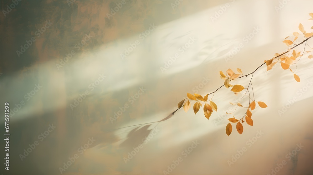 Poster painting of light reflection on wall with branch. watercolor pastel colors aesthetic minimalism back