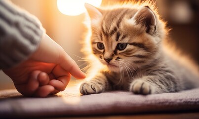 A Tender Moment: Person Lovingly Petting a Small Kitten - obrazy, fototapety, plakaty