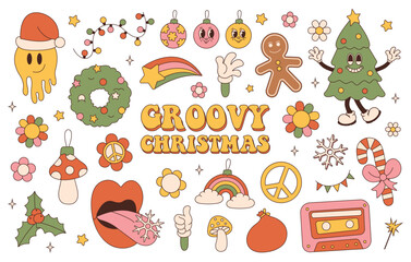 Groovy hippie Christmas stickers. Santa Claus, Christmas tree, gifts, rainbow, peace, holly jolly vibes, ho ho ho, winter, gingerbread in trendy retro cartoon style. Cartoon characters and elements