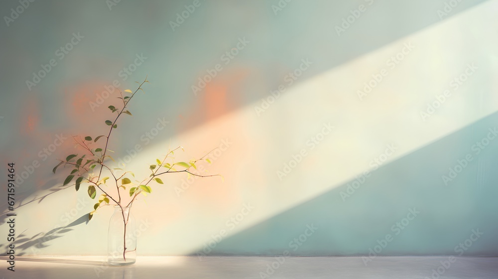 Poster painting of light reflection on wall with branch. watercolor pastel colors aesthetic minimalism back