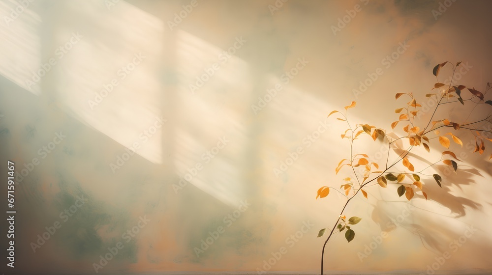 Poster painting of light reflection on wall with branch. watercolor pastel colors aesthetic minimalism back