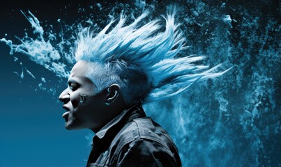 Young man with blue hair in a leather jacket and futuristic makeup. Young man in dynamic pose with blizzard and distortion effect abstract portrait.