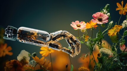 image of flower pattern growing over semi transparent robotic arm. Technology and sustainability concept.
