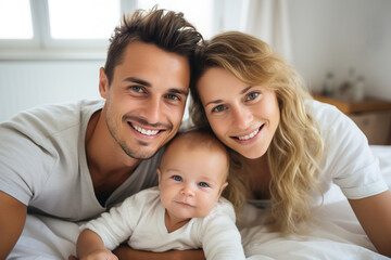 Obraz premium a Happy Family with a newborn baby, lying on a light bed in a very bright room