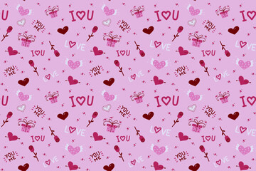 Hand drawn colorful vector seamless pattern with heart, gift box, rose. Light pink backdrop for wrapping paper, greeting cards, posters, invitation, wedding and Valentines cards.