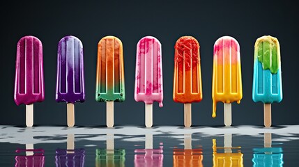 Fototapeta premium image of rainbow coloured popsicles with dynamic multi coloured stripe glitch effect melting on grey background. 