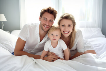 Fototapeta premium a Happy Family with a newborn baby, lying on a light bed in a very bright room