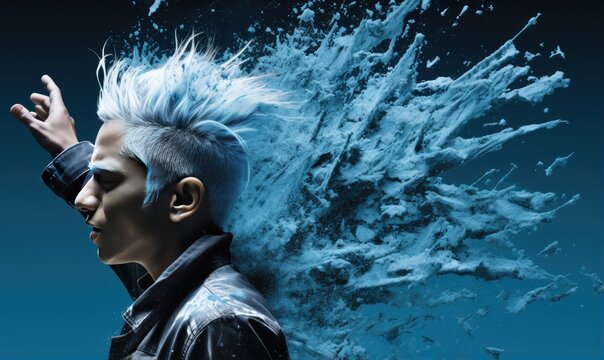 Young man with blue hair in a leather jacket and futuristic makeup. Young man in dynamic pose with blizzard and distortion effect abstract portrait.
