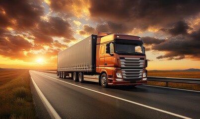 A Majestic Semi Truck Silhouetted Against a Vibrant Sunset