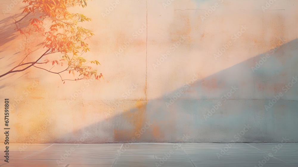 Poster painting of light reflection on wall with branch. watercolor pastel colors aesthetic minimalism back