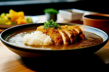 Close up of delicious Chicken katsu curry in background of modern restaurant with Japanese food. Lifestyle concept of food and dish. - obrazy, fototapety, plakaty