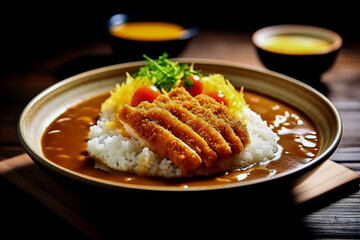 Close up of delicious Chicken katsu curry in background of modern restaurant with Japanese food. Lifestyle concept of food and dish. - obrazy, fototapety, plakaty