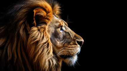 Portrait of a male lion on a black background. Studio shot.