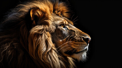 Portrait of a lion on a black background in the studio.