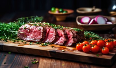 Sliced roast beef with herbs and tomatoes on a wooden board