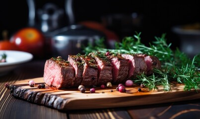 Sliced roast beef with herbs and tomatoes on a wooden board