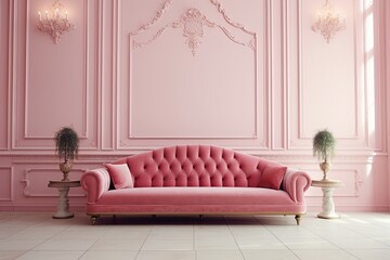 luxurious pink velvet sofa and light pink wall.interior room with pink velvet sofa, neoclassical symmetry