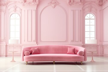 luxurious pink velvet sofa and light pink wall.interior room with pink velvet sofa, neoclassical symmetry