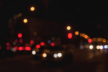 Urban view on Hong Kong city night highway with cars and street blurred lamps. Defocused lights, style color tone. Abstract stylish urban backgrounds, design concept. Copy ad text space, wallpaper
